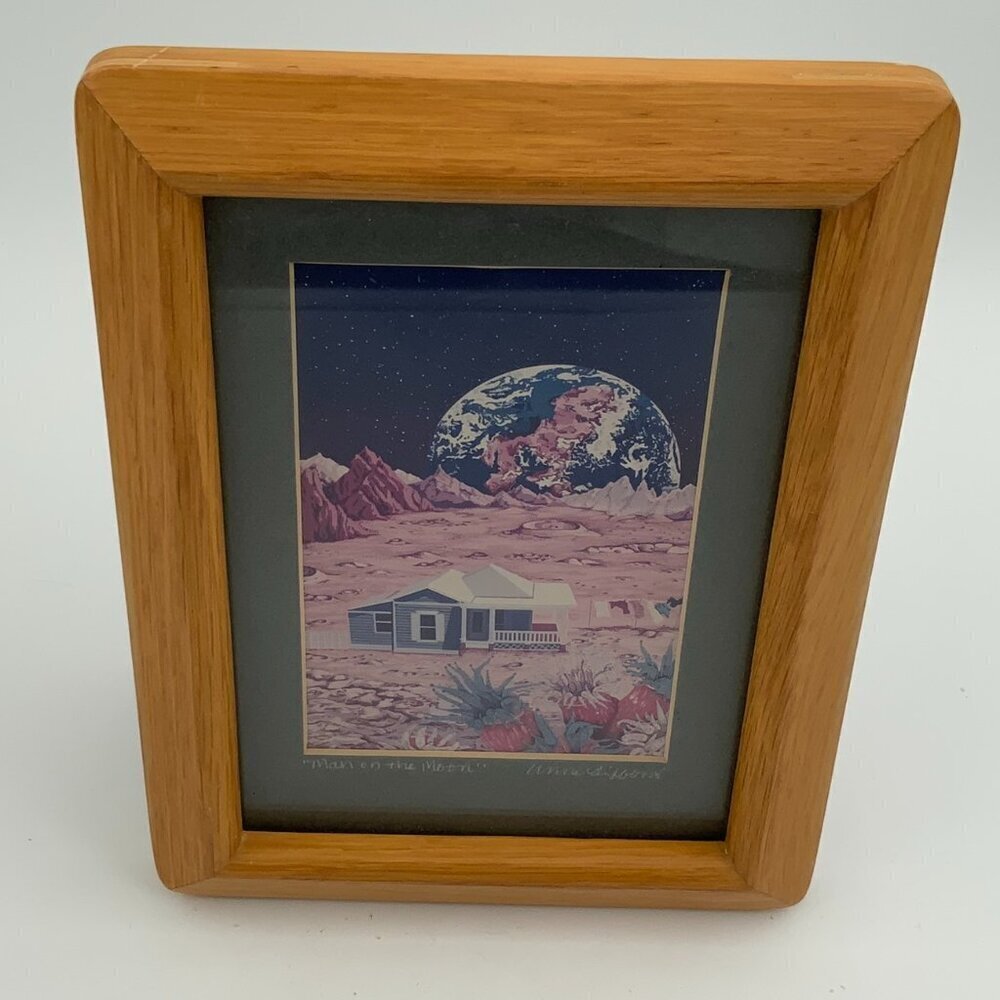 Man on the Moon Print from Drawing by Anne Gifford Matted & Framed 9" x 6 1/2"